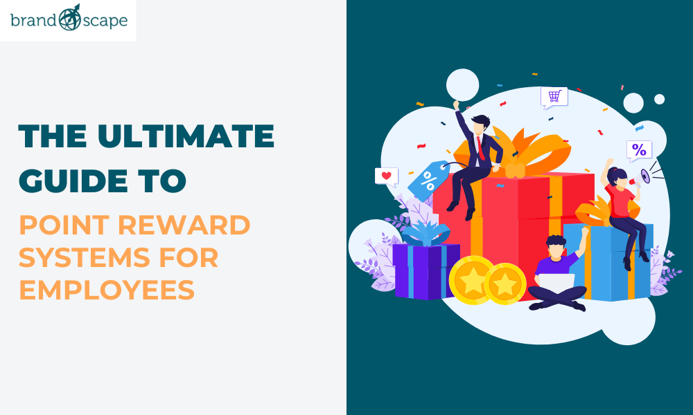 Infographic featuring happy employees and icons representing a point reward system with celebration, prizes, loyalty points and engagement symbols.