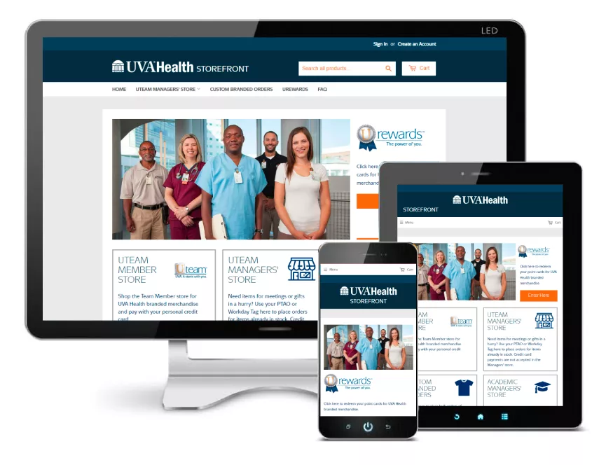 UVA Health Storefront website displayed on desktop, tablet, and smartphone screens showing a login area and various store sections.