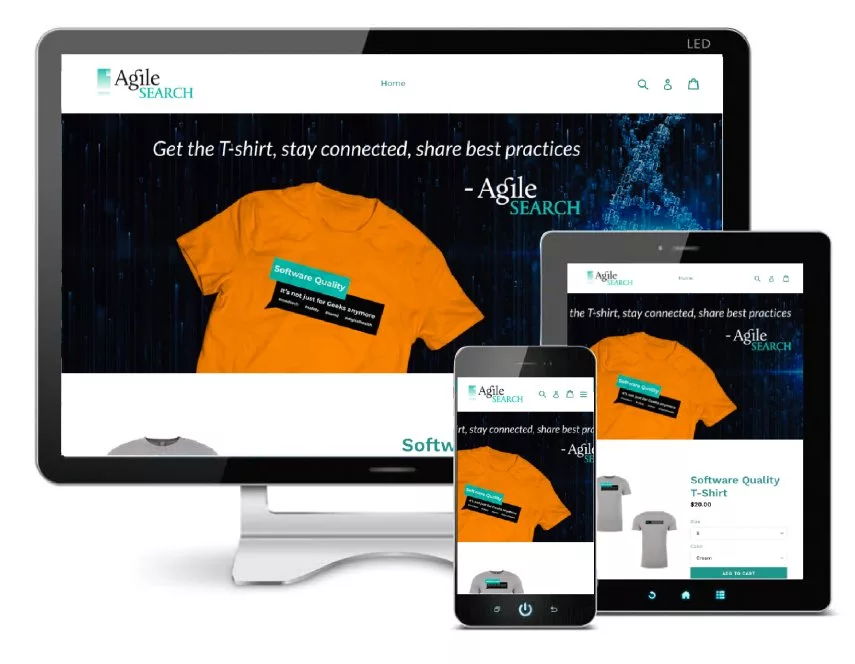 A computer, tablet, and smartphone display a website for Agile Search featuring an orange T-shirt. The headline reads: “Get the T-shirt, stay connected, share best practices.”