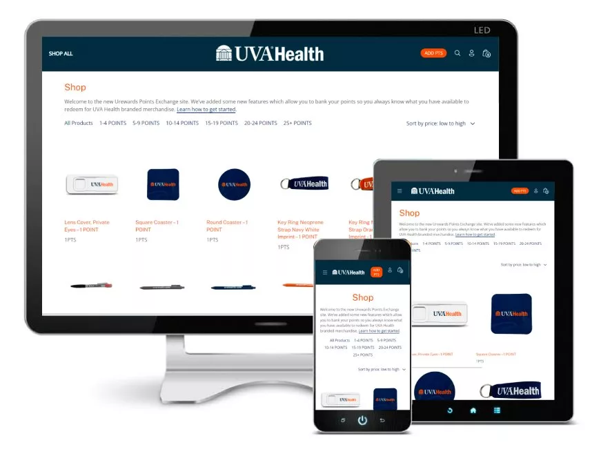 UVA Health online shop displayed on a computer monitor, tablet, and smartphone, showing branded merchandise and point options.