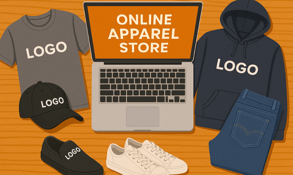 Illustration of an online apparel store with branded T-shirt, hoodie, jeans, cap, and sneakers around a laptop on a wooden surface