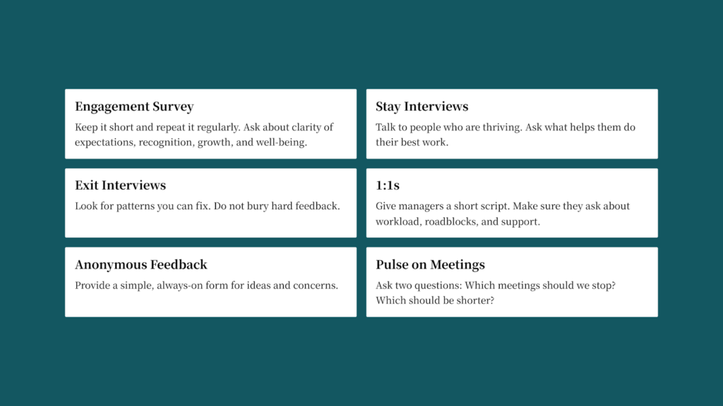 Six boxes show ways to improve culture: engagement surveys, stay interviews, exit interviews, 1:1s, anonymous feedback, and pulse on meetings.